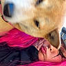 Sweety participe au concours pour gagner de l'argent avec cette photo : dog, person, pink_hair, piercing, close_up, outdoor, face, hair, pout, pet, animal, casual, funny, portrait, colorful, nose, ear, human, expression, blur
