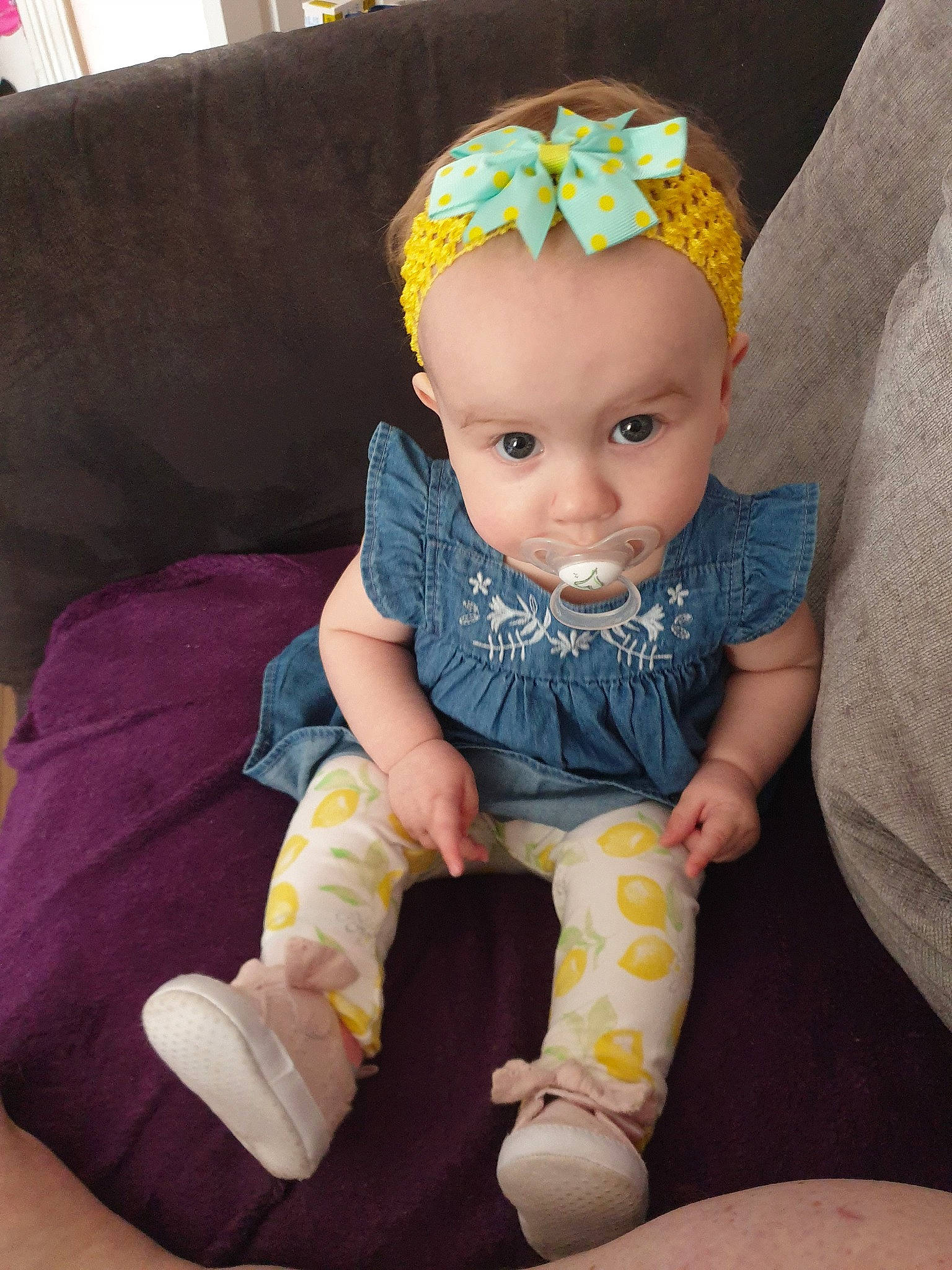 Cassie Mae joined the competition — help win amazing prizes! baby, baby_products, baby_toddler_clothing, child, hair_accessory, headband, person, product, skin, toddler, yellow
