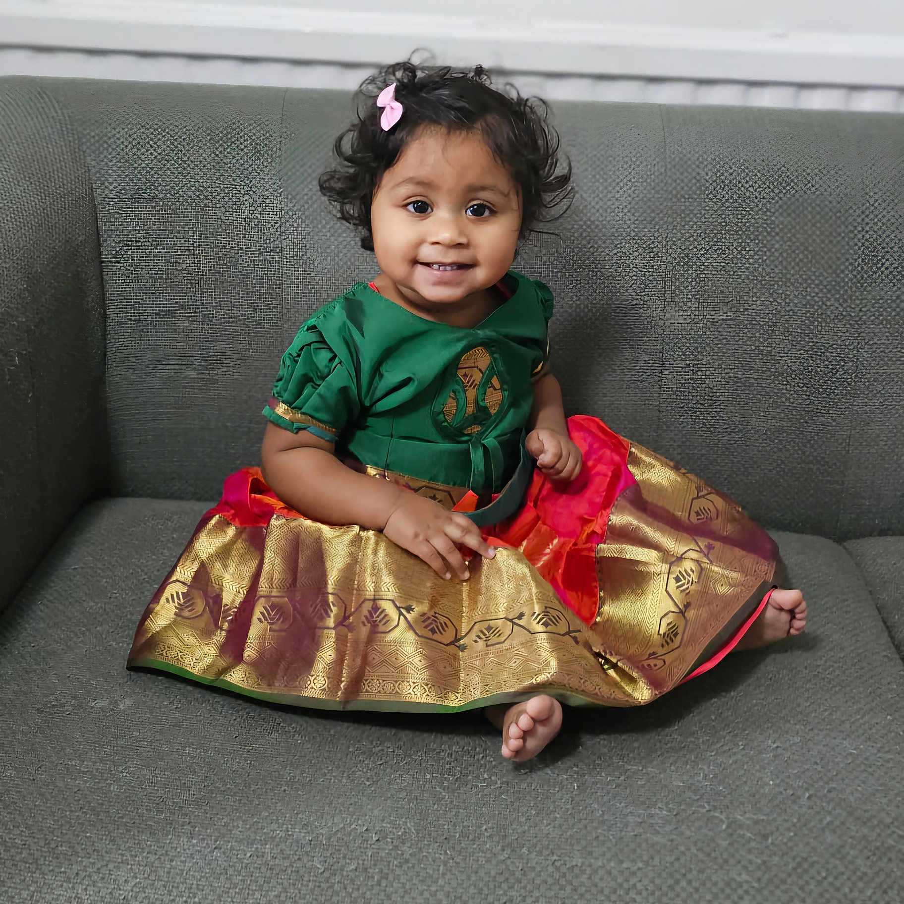 Shanvika joined the competition — help win amazing prizes! bodypart, child, clothing, couch, dress, eveningdress, face, female, finger, formalwear, furniture, girl, hand, happy, head, person, photography, portrait, sitting, skirt