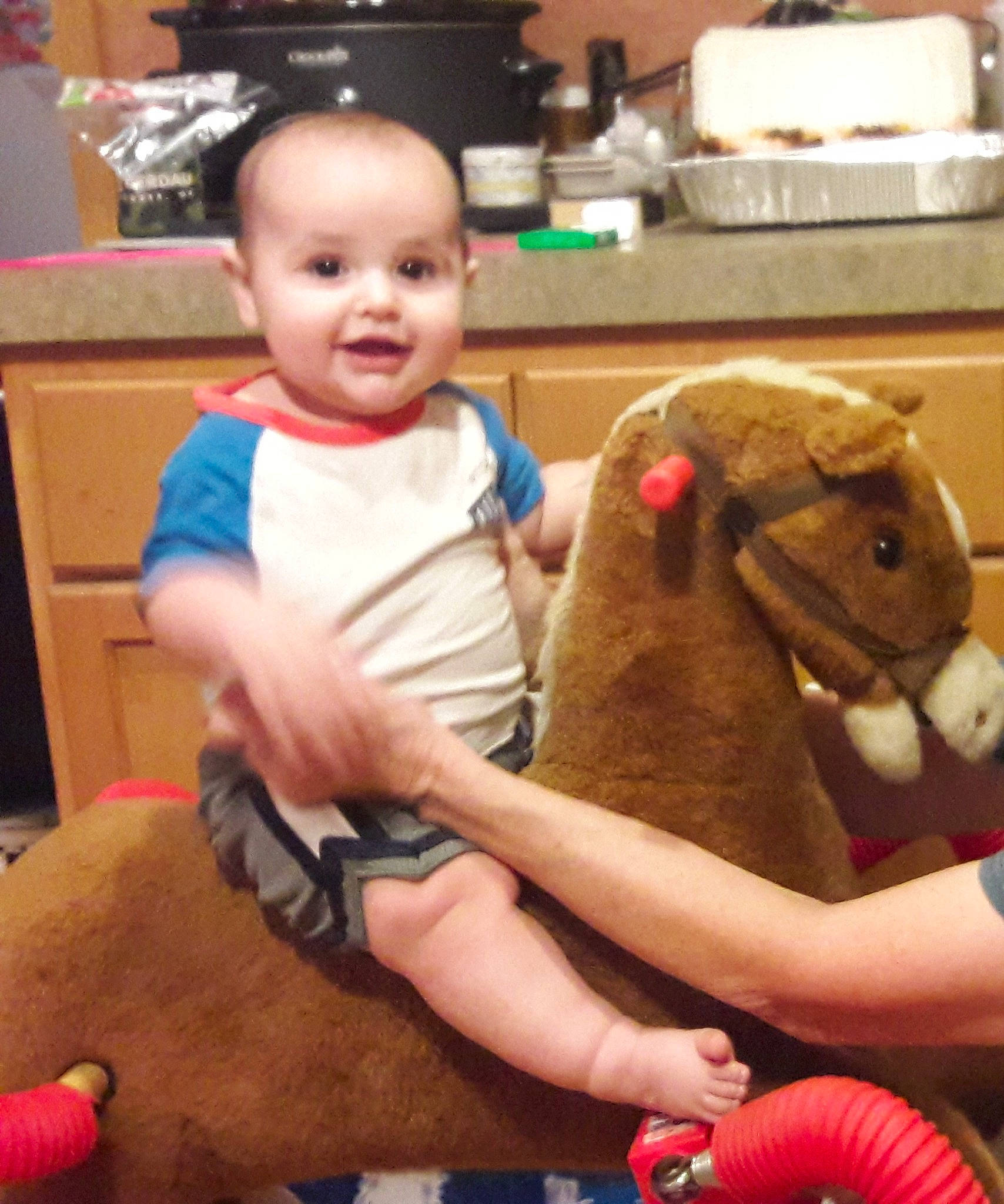 Camron is registered to the contest to win money with this photo: child, horse, horse_like_mammal, mammal, person, play, plush, product, stuffed_toy, textile, toddler, toy, vertebrate