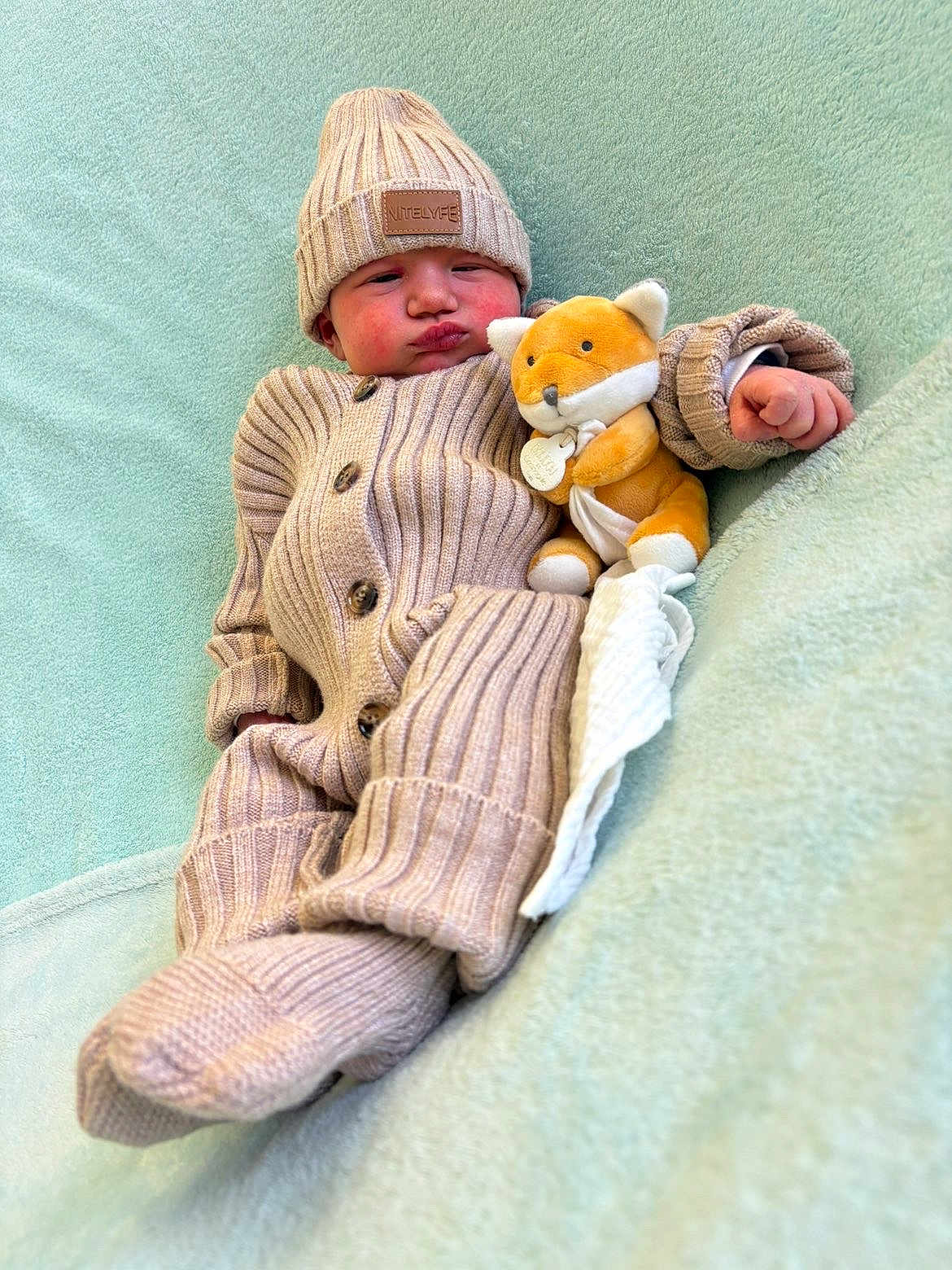 Léandro a rejoint le concours — aidez-le/la à gagner de superbes lots ! baby, infant, newborn, beanie, knitwear, onesie, plush_toy, stuffed_animal, fox, blanket, soft_blanket, cozy, buttoned_clothing, rosy_cheeks, reclined, portrait, indoor, hand, covered_feet, cute