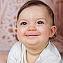 baby, background, child, closeup, cute, expression, eyes, face, hair, happy, head, indoor, infant, person, portrait, skin, smiling, soft_lighting, white_clothing, young