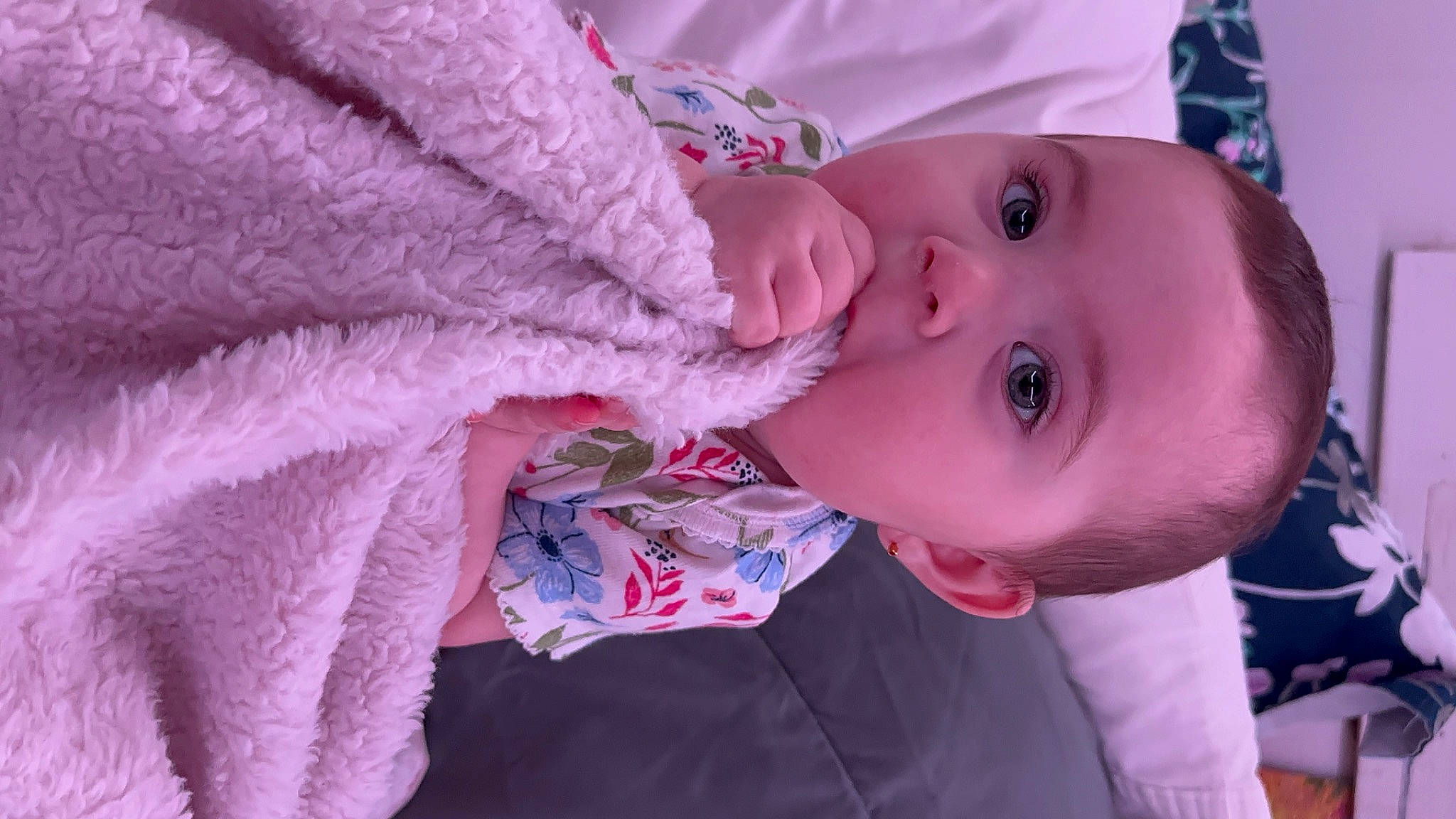 Summer is registered to the contest to win money with this photo: baby, baby_products, baby_toddler_clothing, cheek, child, close_up, eyelash, happy, iris, linens, lip, magenta, nose, pattern, person, petal, pink, purple, skin, toddler