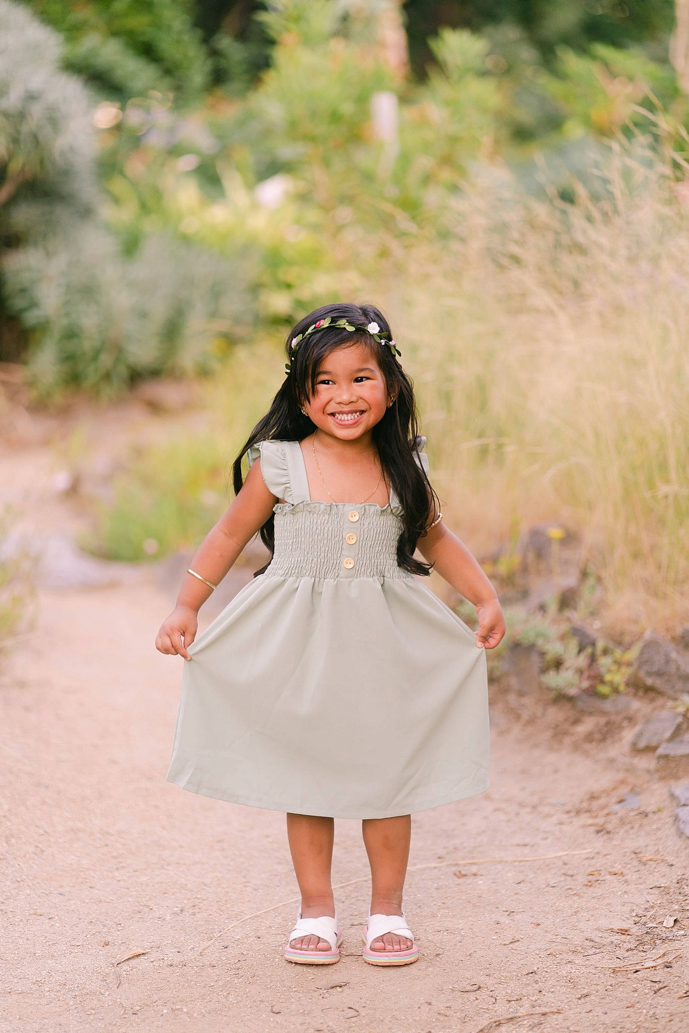 Jasmine joined the competition — help win amazing prizes! brown_hair, clothing, day_dress, dress, face, fashion_accessory, flash_photography, forest, formal_wear, fun, grass, happy, joy, pattern, peach, people_in_nature, person, plant, sleeve, smile