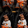 baby, baby_bow, baby_clothing, black_background, child, collage, costume, cute, festive, ghost, halloween, infant, multiple_poses, orange_bow, orange_ribbon, portrait, pumpkin, striped_leggings, tutu_skirt, white_top