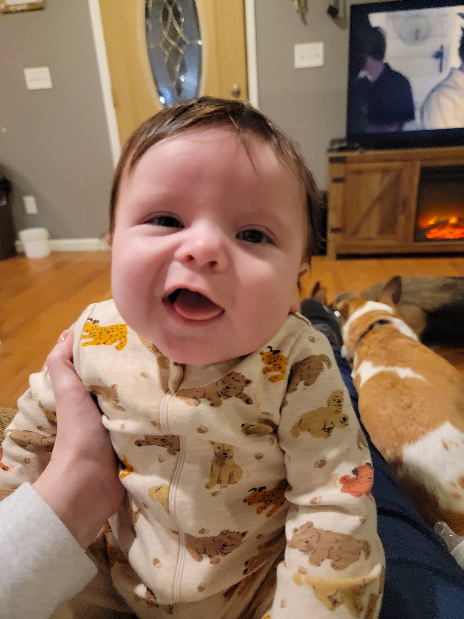 Christian joined the competition — help win amazing prizes! baby, baby_products, baby_toddler_clothing, cheek, child, comfort, companion_dog, eye, fun, happy, head, mouth, nose, person, picture_frame, sitting, skin, sleeve, smile, television