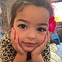 Naelle participe au concours pour gagner de l'argent avec cette photo : child, face, hands, flower, curly_hair, indoor, leopard_print, shirt, smile, portrait, close_up, young_girl, cute, resting, eyes, skin, casual, relaxed, person, home