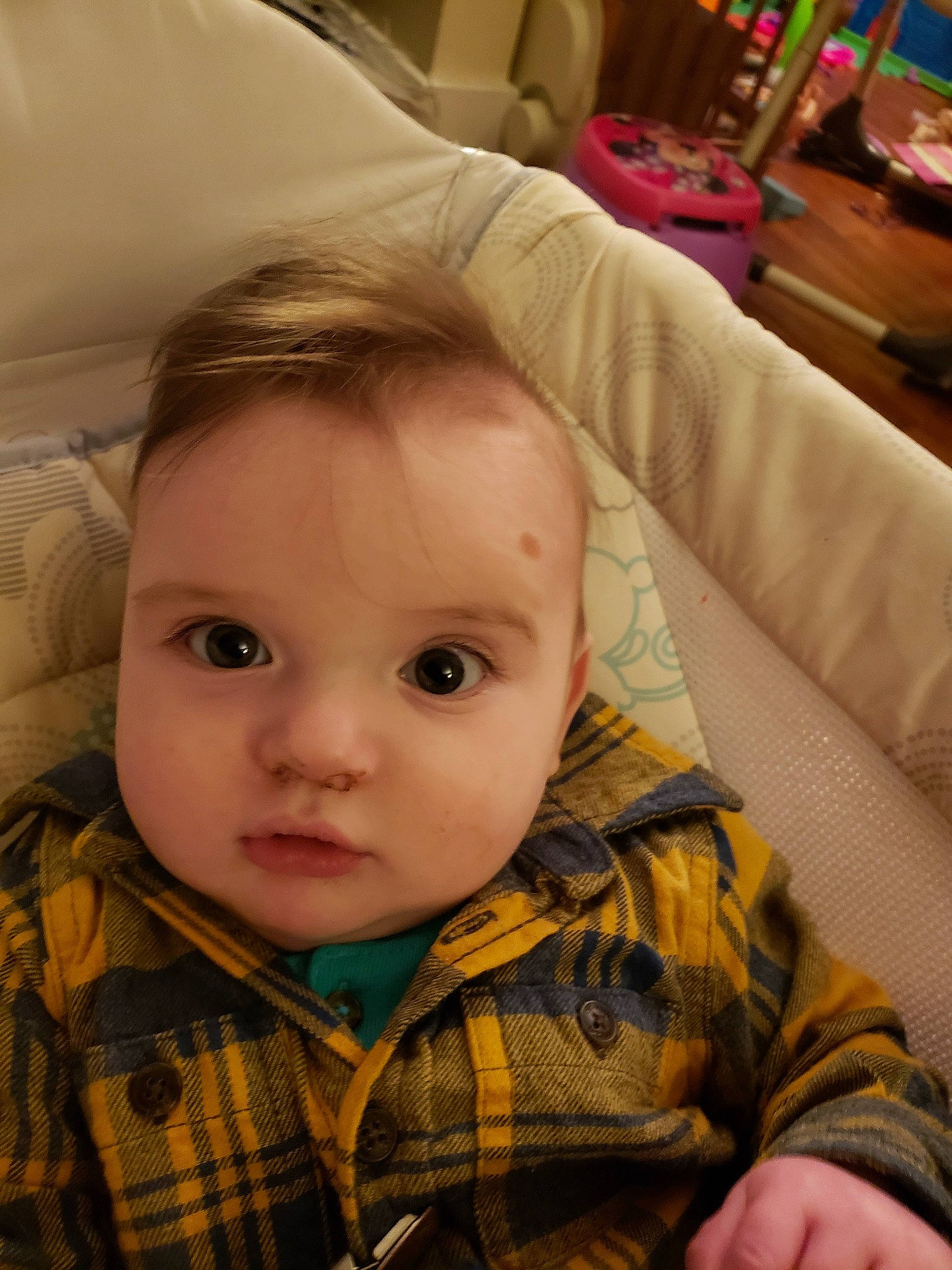 August joined the competition — help win amazing prizes! baby, cheek, child, chin, ear, eye, eyebrow, face, finger, forehead, head, iris, lip, mouth, nose, person, plaid, skin, toddler