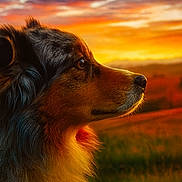 Jazz participe au concours pour gagner de l'argent avec cette photo : dog, animal, sunset, outdoor, nature, fur, profile, sky, landscape, field, golden_hour, muzzle, ears, calm, peaceful, pet, canine, closeup, colorful, scenic