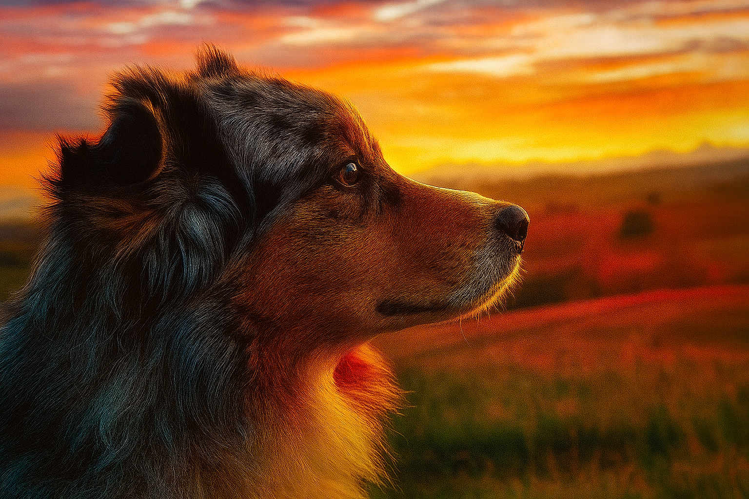 Jazz participe au concours pour gagner de l'argent avec cette photo : dog, animal, sunset, outdoor, nature, fur, profile, sky, landscape, field, golden_hour, muzzle, ears, calm, peaceful, pet, canine, closeup, colorful, scenic