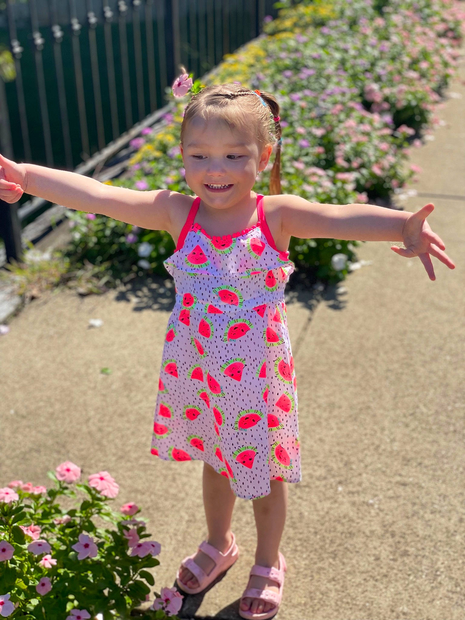 Annie joined the competition — help win amazing prizes! botany, dress, face, facial_expression, finger, flower, fun, grass, happy, joy, leaf, leisure, morning, people_in_nature, person, pink, plant, public_space, smile, standing