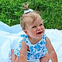 baby, child, girl, smiling, blue_bow, floral_dress, white_blanket, grass, outdoor, nature, happy, cute, sitting, infant, portrait, playful, person, summer, greenery, toddler