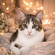 Aiko a rejoint le concours — aidez-le/la à gagner de superbes lots ! kitten, cat, pet, animal, cute, cozy, blanket, fairy_lights, bokeh, soft_lighting, flower, teddy_bear, indoor, portrait, feline, whiskers, fur, relaxing, closeup, adorable