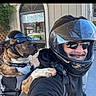 dog, person, helmet, goggles, motorcycle, smile, outdoor, brindle, black_clothing, pet, animal, transportation, glasses, happy, casual, vehicle, friendship, companionship, protective_gear, adventure