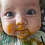 Oliver is registered to the contest to win money with this photo: baby, blue_eyes, face, food, messy, close_up, bib, child, infant, expression, skin, mouth, nose, clothing, texture, portrait, cute, young, feeding, colorful