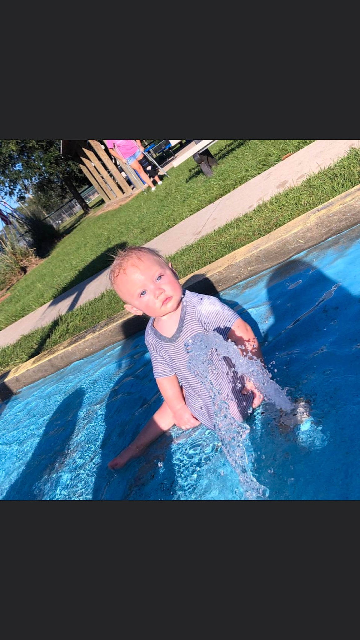 Harrison joined the competition — help win amazing prizes! child, electric_blue, fun, gesture, grass, happy, leisure, magenta, people_in_nature, person, plant, play, recreation, shadow, summer, swimming_pool, t_shirt, toddler, tree, vacation