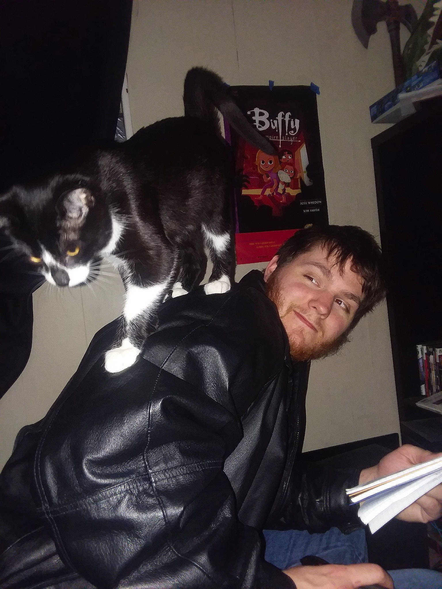 Tawny is registered to the contest to win money with this photo: black_hair, canidae, carnivore, cat, companion_dog, ear, felidae, fictional_character, fur, jacket, lap, leg, night, person, small_to_medium_sized_cats, sporting_group, t_shirt, top