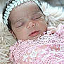 Giulia participe au concours pour gagner de l'argent avec cette photo : baby, newborn, sleeping, pink, lace, headband, infant, soft, blanket, closeup, portrait, peaceful, resting, cute, delicate, fluffy, face, child, young, sleep
