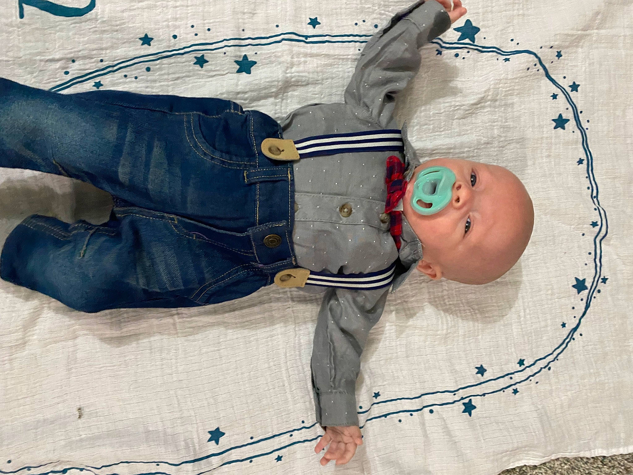 Benjamin joined the competition — help win amazing prizes! baby, baby_products, baby_toddler_clothing, child, comfort, denim, electric_blue, fashion_accessory, flooring, gesture, human_leg, jeans, knee, linens, pattern, person, personal_protective_equipment, sleeve, textile, thigh