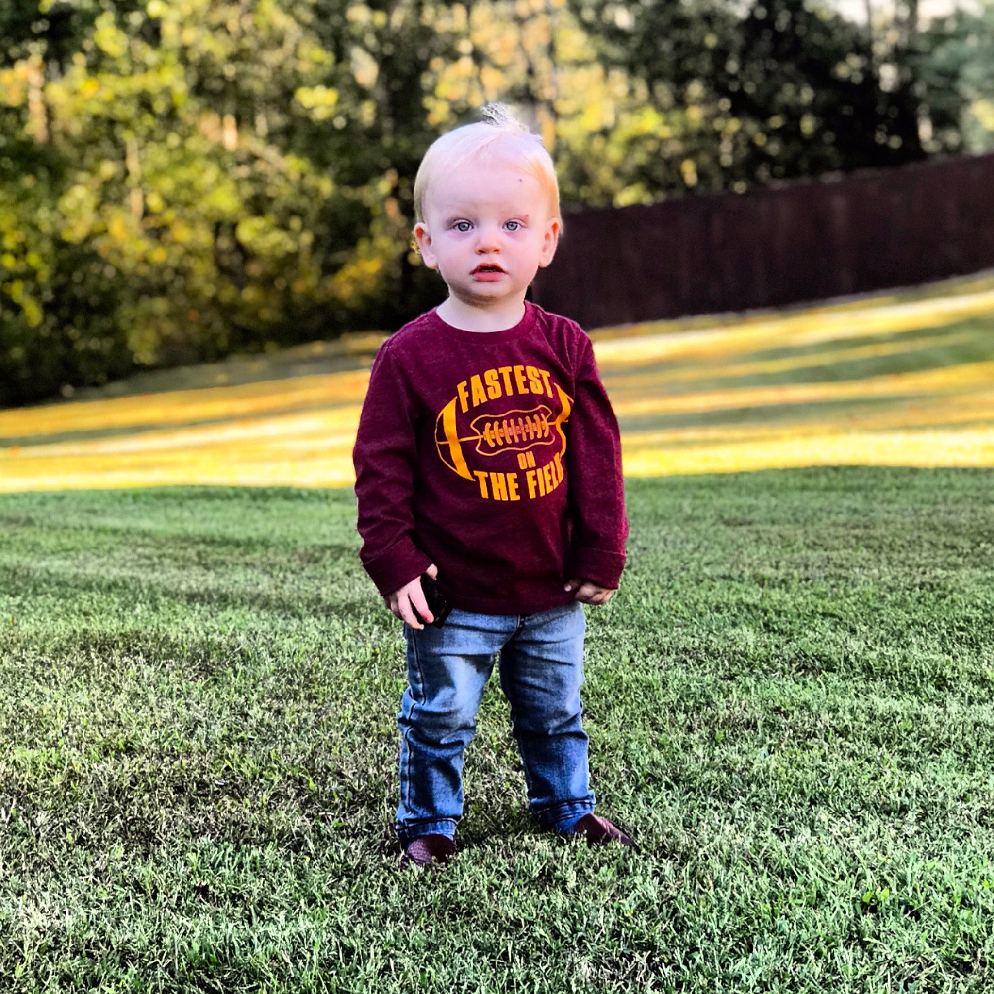 Bo joined the competition — help win amazing prizes! baby, baby_toddler_clothing, child, denim, field, garden, grass, grass_family, jeans, lawn, people_in_nature, person, play, toddler