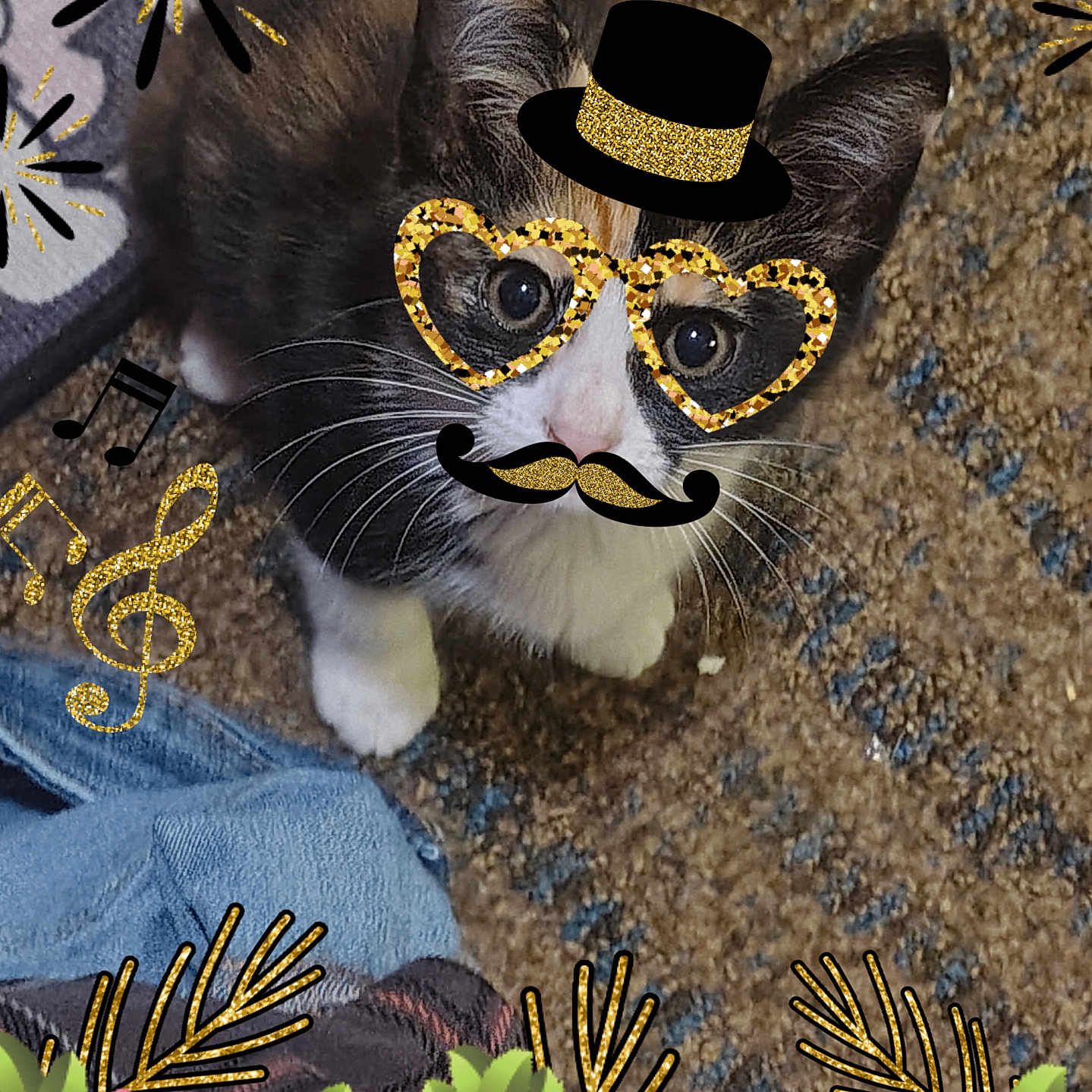Galaxy is registered to the contest to win money with this photo: cat, animal, pet, cute, glasses, hat, mustache, carpet, decorations, music_notes, fireworks, flowers, roses, digital_overlay, indoor, looking_up, whiskers, paws, playful, colorful