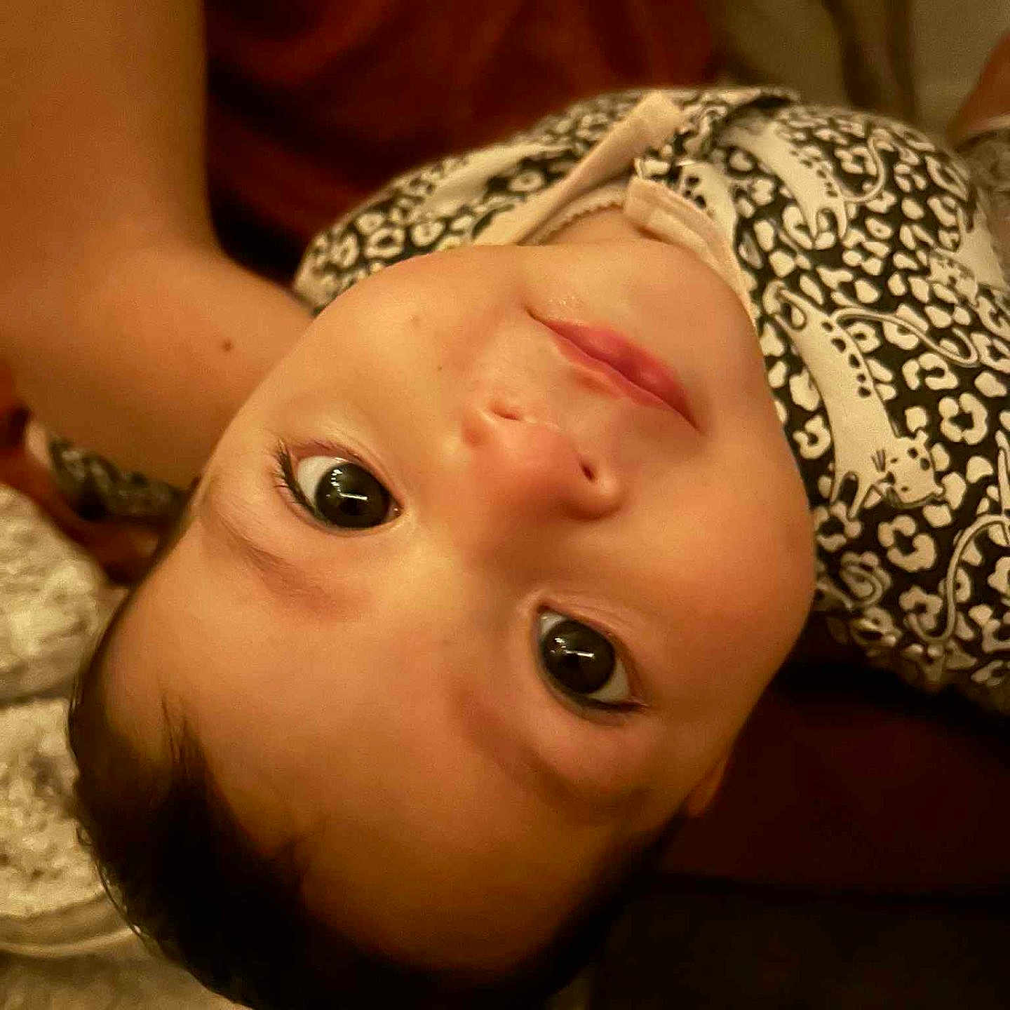 Nala a rejoint le concours — aidez-le/la à gagner de superbes lots ! animal_print, baby, child, closeup, curious, cute, expression, eyes, face, head, indoors, infant, lying_down, patterned_clothing, person, portrait, skin, soft_surface, warm_lighting, young