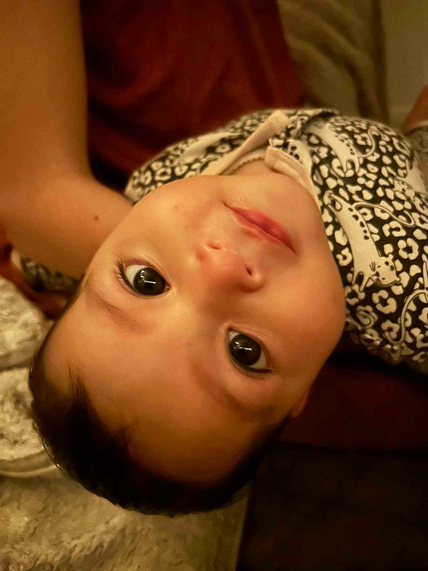 Nala a rejoint le concours — aidez-le/la à gagner de superbes lots ! animal_print, baby, child, closeup, curious, cute, expression, eyes, face, head, indoors, infant, lying_down, patterned_clothing, person, portrait, skin, soft_surface, warm_lighting, young