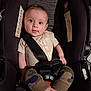 baby, infant, child, car_seat, seatbelt, harness, cute, big_eyes, smile, portrait, indoors, onesie, camouflage_pants, legs, feet, hands, soft_lighting, warning_label, fabric, stroller