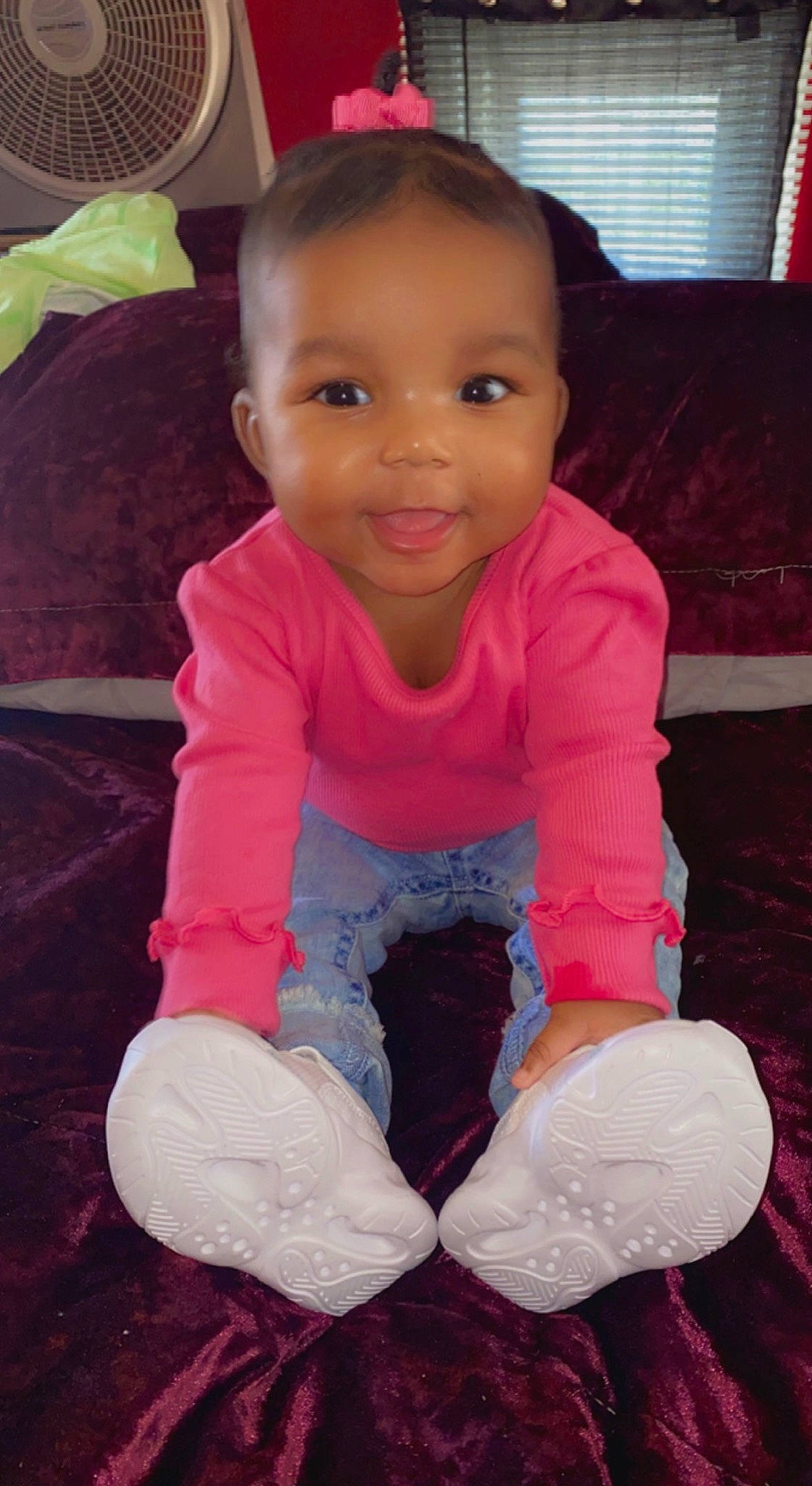 Solana is registered to the contest to win money with this photo: baby_toddler_clothing, cheek, comfort, cool, eye, finger, gesture, hairstyle, happy, head, joint, joy, lip, nose, outerwear, person, pink, purple, skin, sleeve