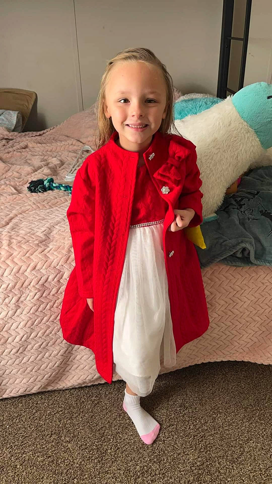 Emma Googe joined the competition — help win amazing prizes! baby_toddler_clothing, blond, child, christmas, comfort, costume, event, face, floor, flooring, formal_wear, fur, human_leg, joy, linens, magenta, person, room, sitting, sleeve