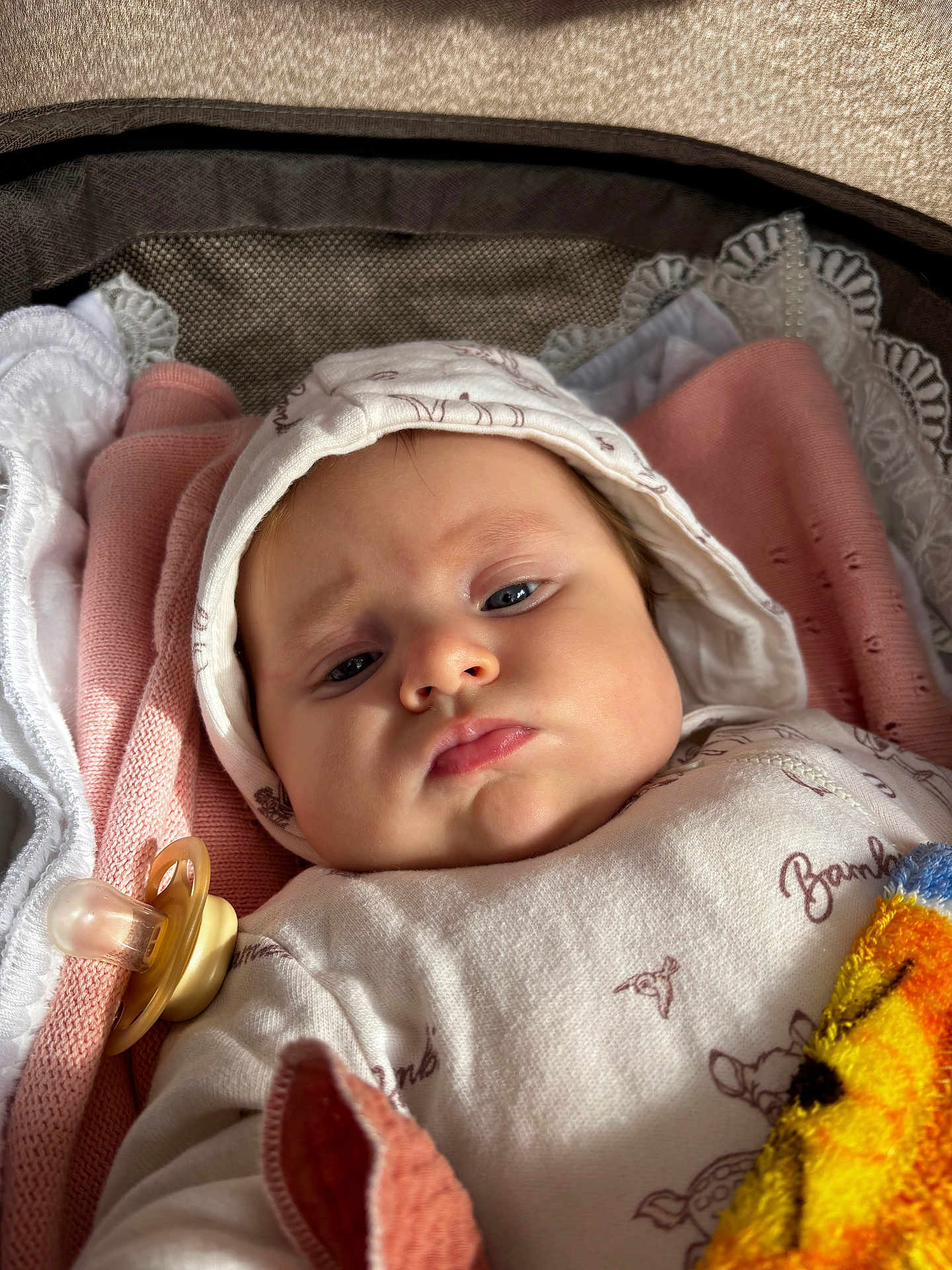 Denise participe au concours pour gagner de l'argent avec cette photo : baby, infant, face, pacifier, blanket, hood, clothing, soft_toys, cute, expression, child, indoor, portrait, pink_blanket, white_clothing, closeup, newborn, resting, warm, cozy
