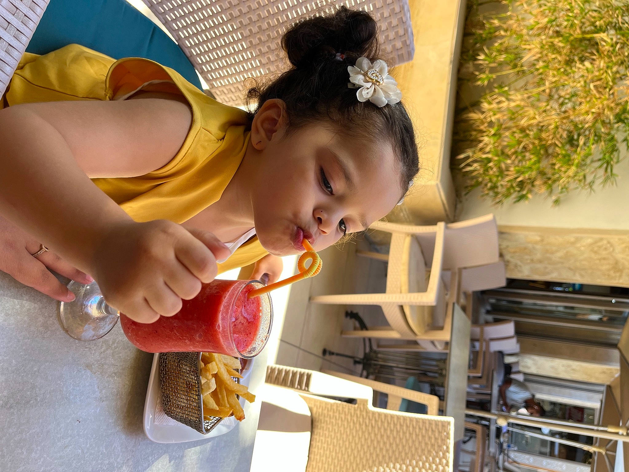 Celia Dlimi participe au concours pour gagner de l'argent avec cette photo : baby, baby_toddler_clothing, child, dress, flowerpot, fun, happy, houseplant, jewellery, leisure, pattern, person, plant, room, sitting, toddler, vacation