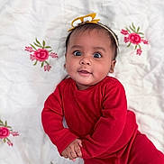 Sohalia joined the competition — help win amazing prizes! baby, infant, child, red_clothing, headband, yellow_bow, blanket, embroidered, flowers, pink_flowers, lying_down, cute, portrait, indoors, smile, wide_eyes, hand_holding, skin, face, person