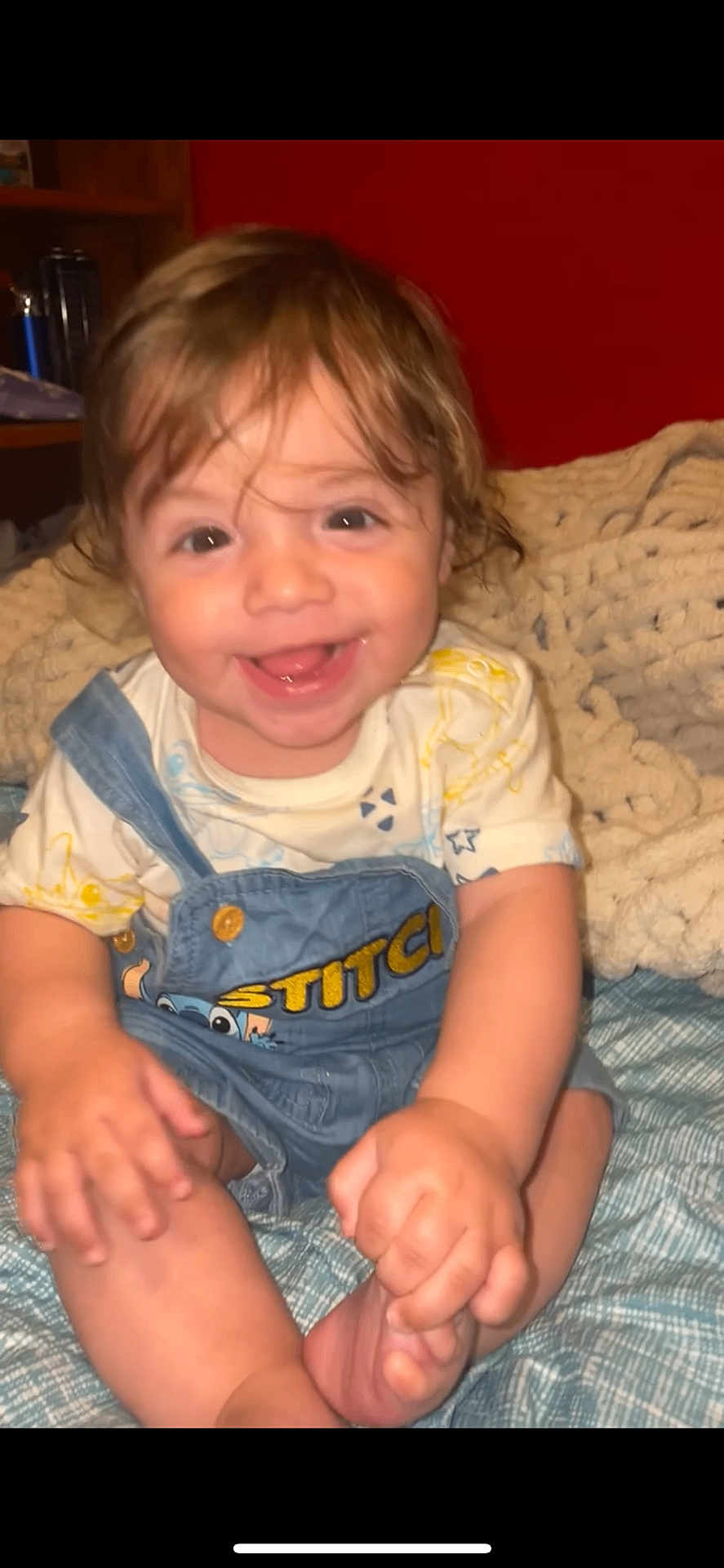 Haevin joined the competition — help win amazing prizes! baby, child, smiling, denim_overalls, stitch, blanket, indoors, happy, cute, toddler, clothing, face, hands, feet, sitting, portrait, hair, skin, person, candid