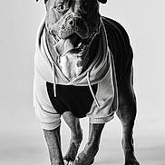 Loki is registered to the contest to win money with this photo: dog, hoodie, black_and_white, studio, pet, animal, canine, portrait, clothing, happy, tongue_out, walking, friendly, paw, cute, domestic_animal, fashion, pet_fashion, smiling, young_dog