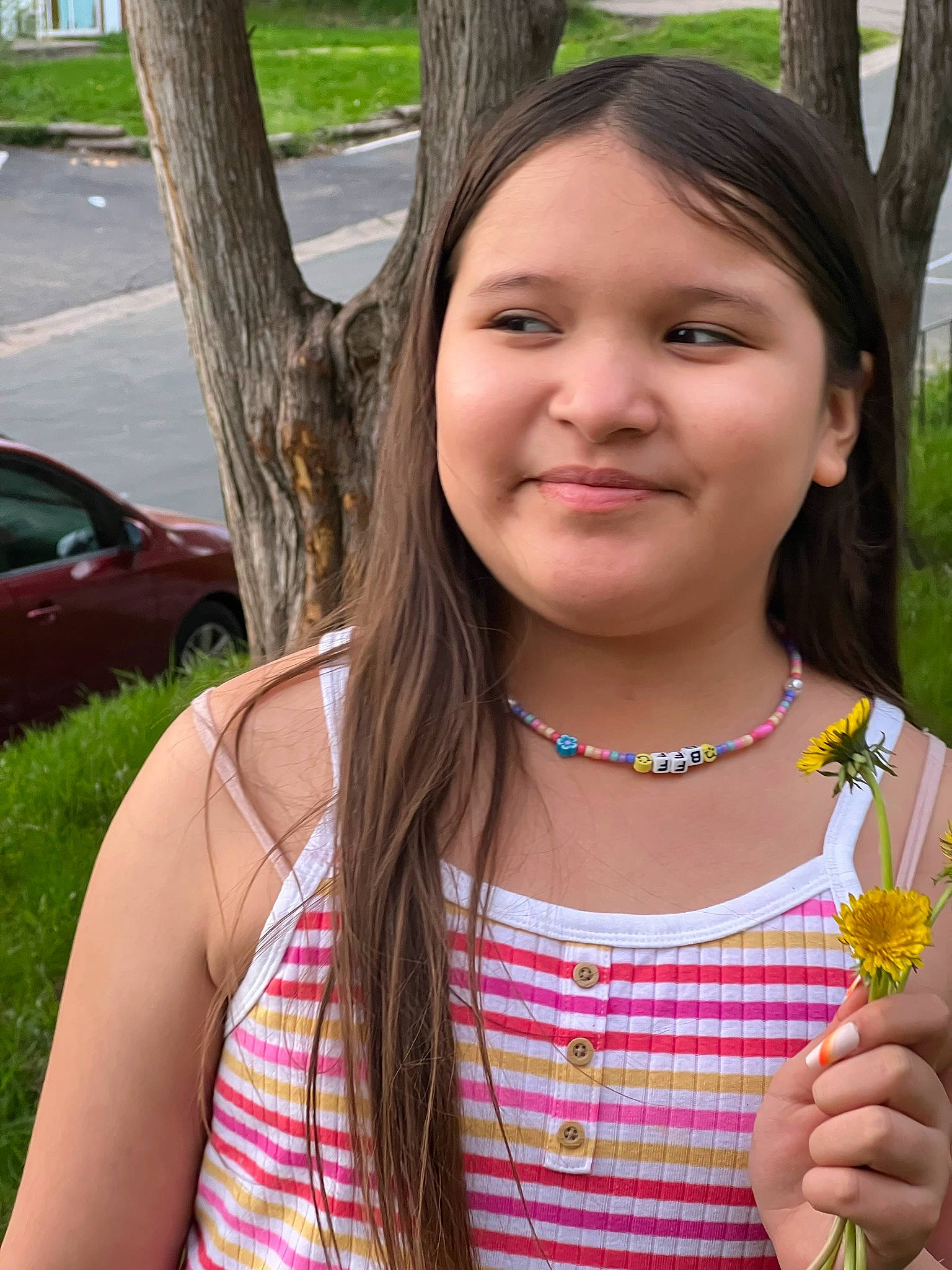 Jaycee joined the competition — help win amazing prizes! beauty, fun, grass, green, hair, happy, head, joy, leaf, leisure, lip, necklace, people_in_nature, person, pink, plant, summer, tire, tree, vehicle_door