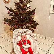 Naïm participe au concours pour gagner de l'argent avec cette photo : baby, infant, christmas_tree, holiday_decorations, red_clothing, baby_rocker, smile, indoors, tile_floor, festive, ornaments, greenery, toy, seat, child, happy, home_interior, holiday, cute, celebration