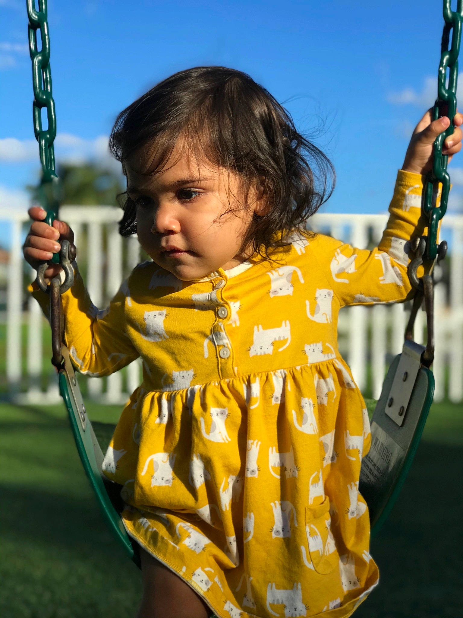 Olivia is registered to the contest to win money with this photo: child, fun, outdoor_play_equipment, person, play, playground, public_space, recreation, smile, swing, toddler, yellow