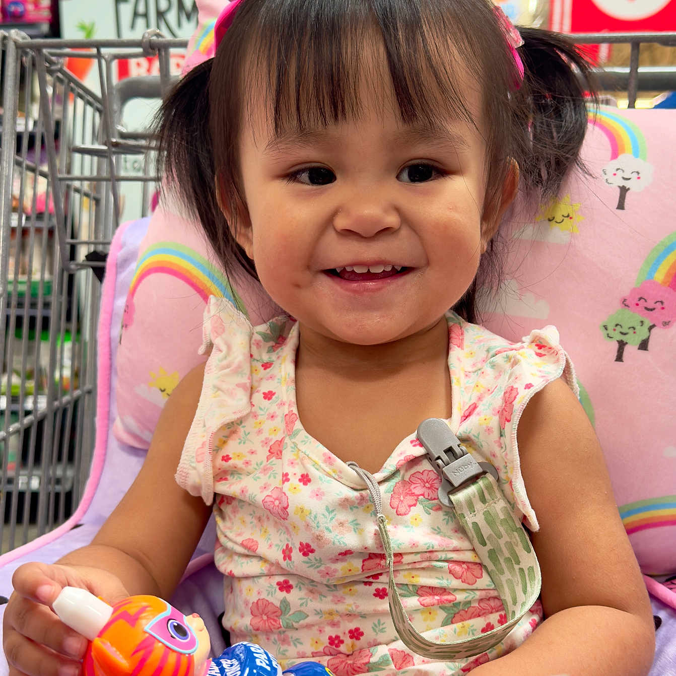 Cataleya Nykishia is registered to the contest to win money with this photo: toddler, child, smiling, shopping_cart, toy, bottle, pigtails, rainbow, colorful, store, cushion, clothing, person, indoor, happy, cute, baby, portrait, seat, playful