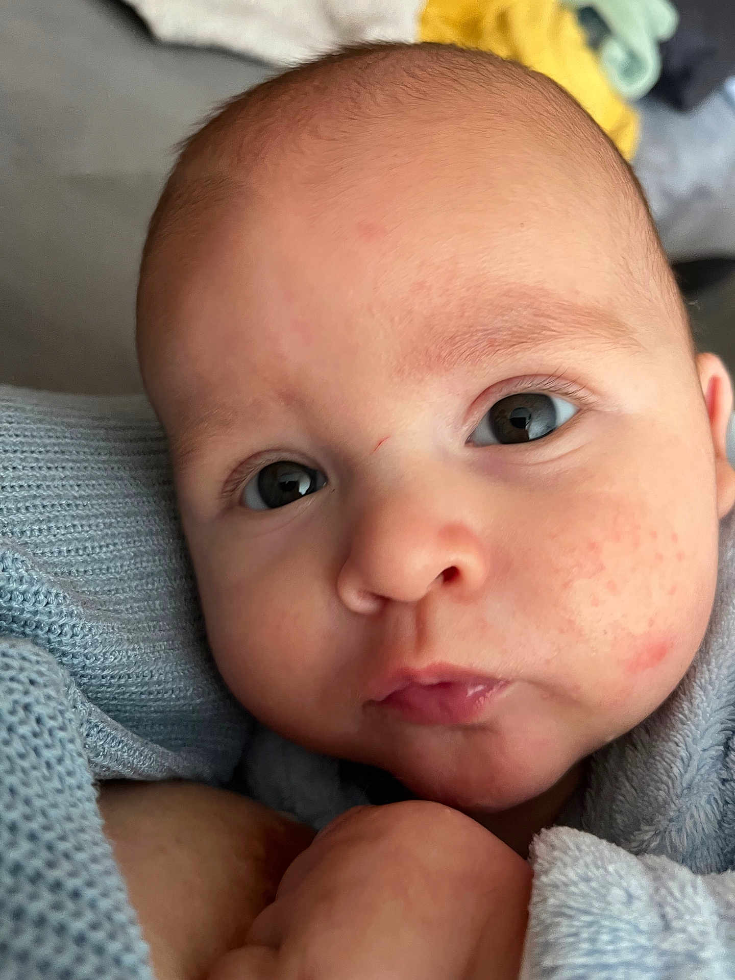 Elie a rejoint le concours — aidez-le/la à gagner de superbes lots ! baby, infant, face, closeup, eyes, skin, knitwear, blue, expression, cute, newborn, child, portrait, soft, hand, fingertips, indoors, warm, cozy, person