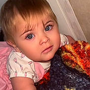Valerie joined the competition — help win amazing prizes! toddler, child, blanket, blue_eyes, curly_hair, knitted_blanket, indoor, portrait, cute, expression, face, person, young_child, hand, pink_clothing, soft_lighting, close_up, baby, wearing, sleeves
