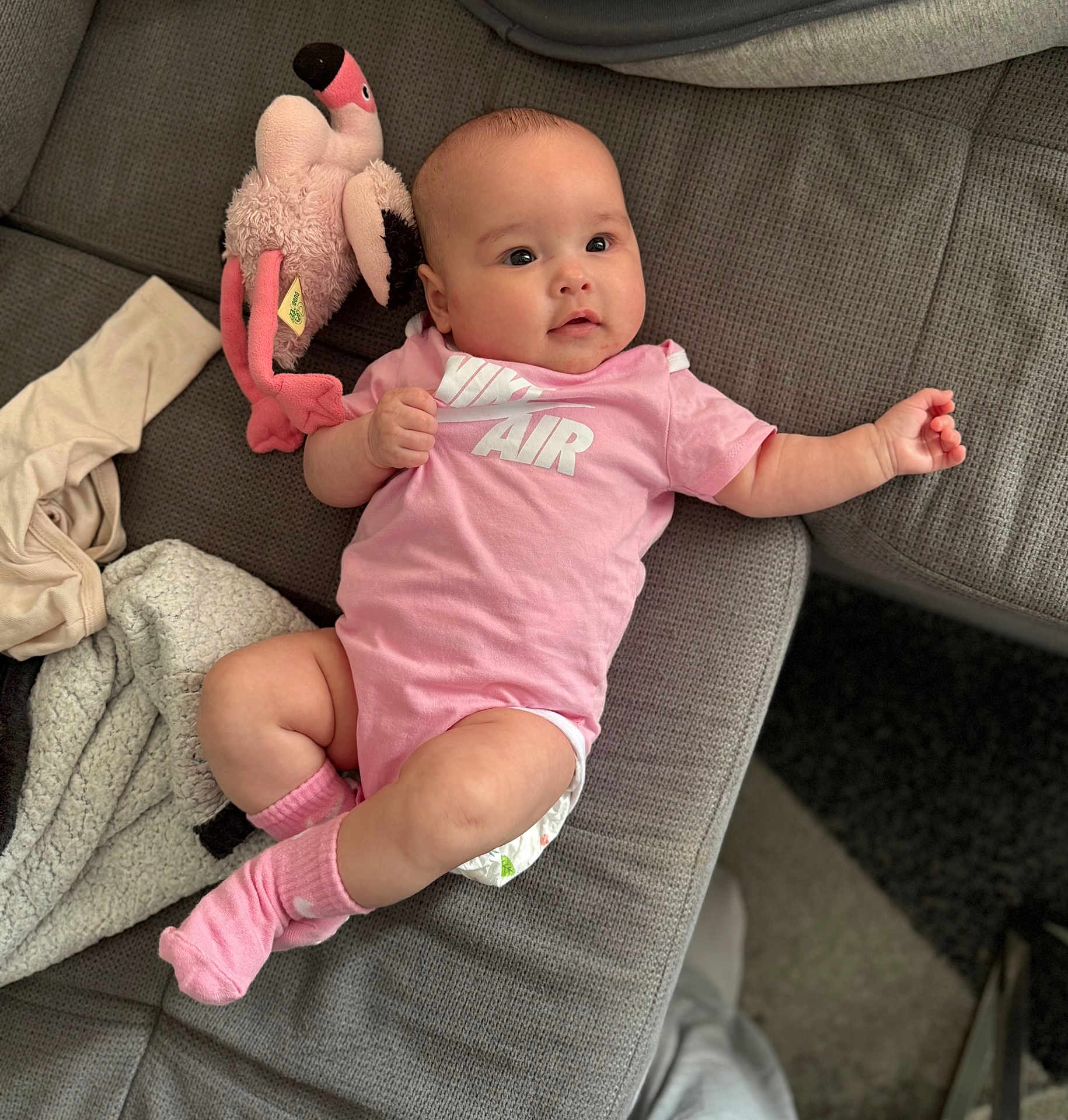 Thaïna a rejoint le concours — aidez-le/la à gagner de superbes lots ! baby, infant, onesie, pink_clothing, pink_socks, plush_flamingo, stuffed_animal, couch, sofa, blanket, diaper, smiling, chubby_cheeks, face, arm, leg, relaxed, home_interior, soft_texture, portrait