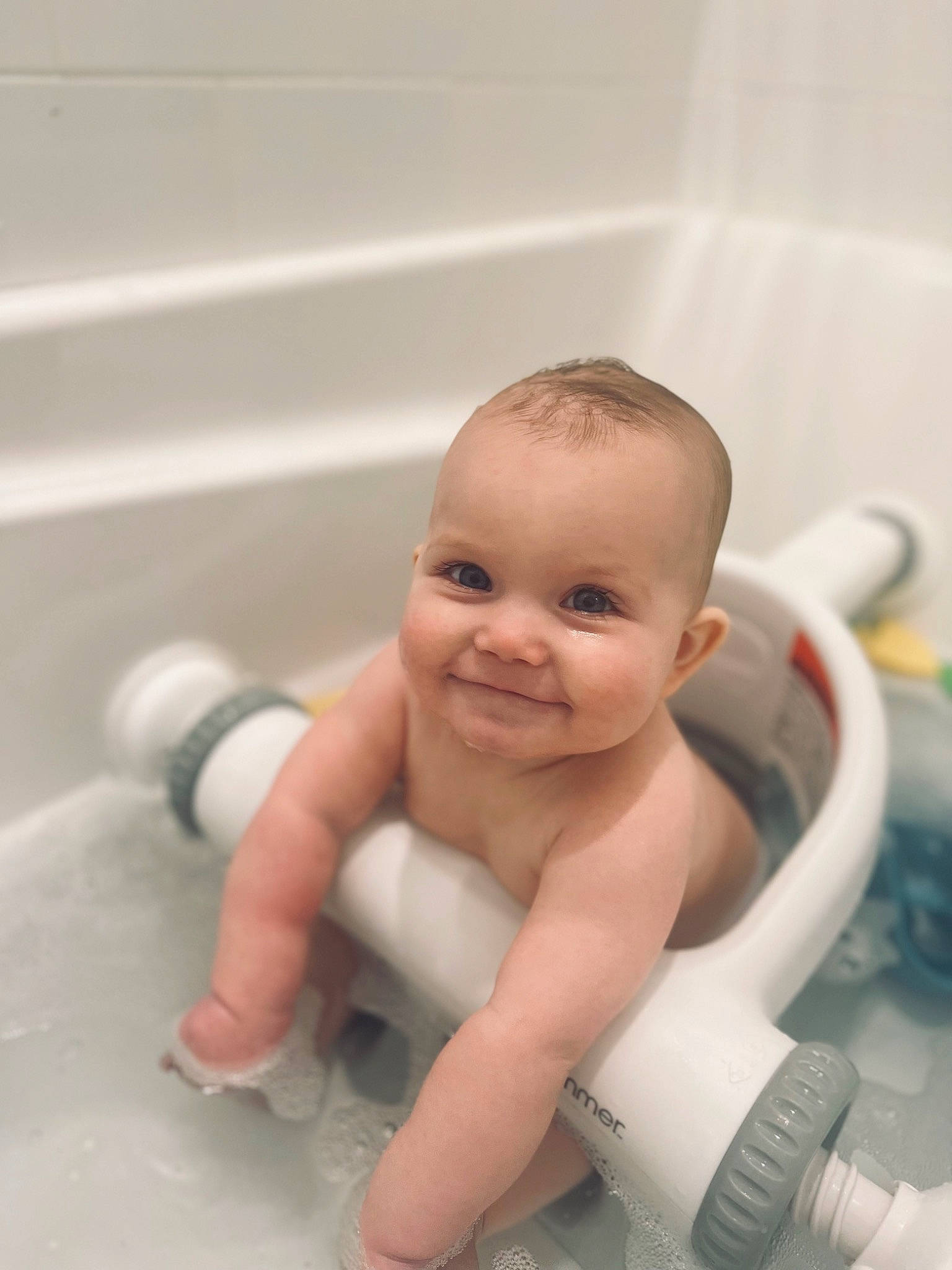 Hadley joined the competition — help win amazing prizes! baby, baby_bathing, baby_products, bathing, bathroom, bathtub, cheek, chest, eye, eyebrow, finger, flooring, head, human_body, iris, joy, person, plumbing, plumbing_fixture, smile