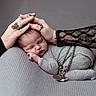 accessory, adult_hands, baby, closeup, cozy, gray_blanket, hands, infant, jewelry, lace_sleeve, necklace, newborn, parental_touch, peaceful, portrait, resting, rings, sleeping, soft_texture, studio_photo