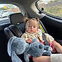 toddler, child, car_seat, plush_toy, stuffed_animal, car_interior, seatbelt, pigtails, cute, cozy_clothing, window, outdoor_view, road, car, safety, young_child, portrait, soft_toy, baby, automobile