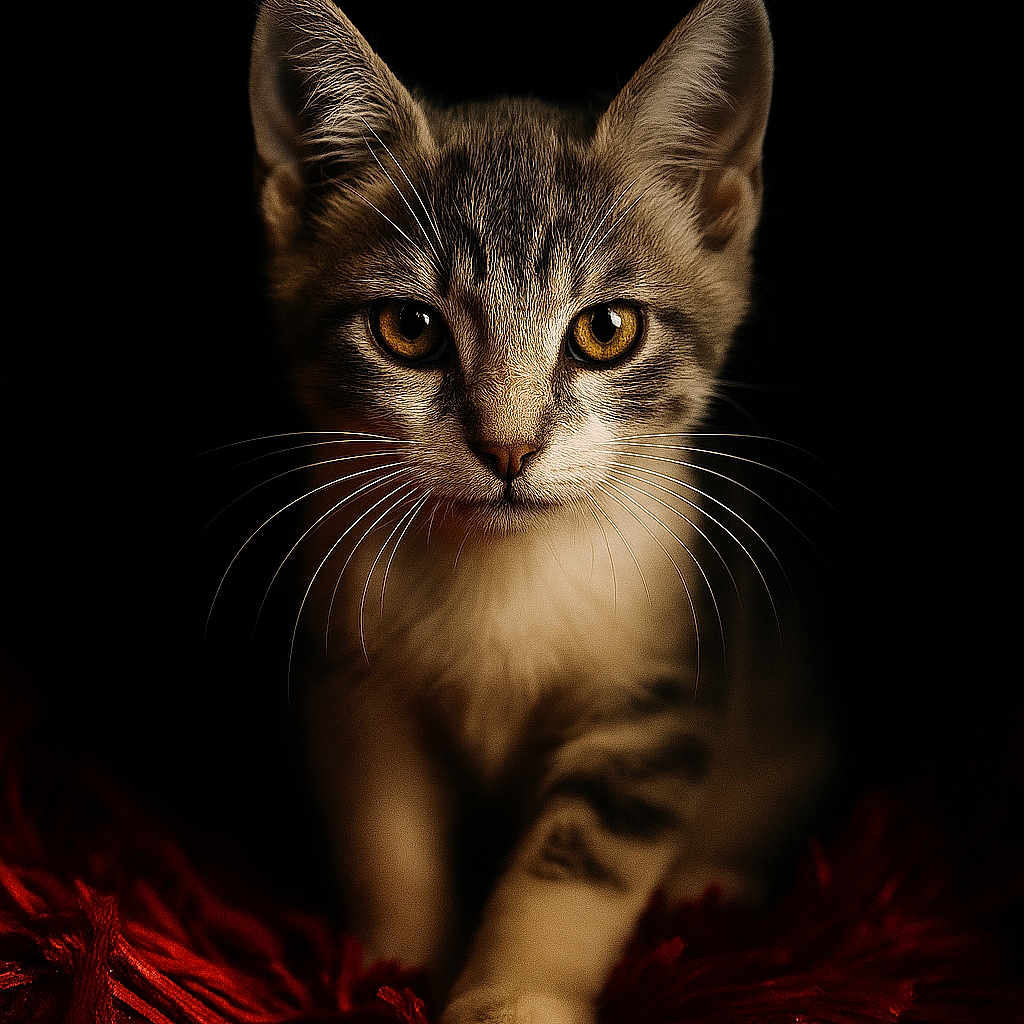 Ava participe au concours pour gagner de l'argent avec cette photo : amber_eyes, animal, cat, close_up, curious, cute, dark_background, detailed, feline, focused, fur, indoor, kitten, pet, plush, portrait, red_texture, soft_lighting, whiskers, young