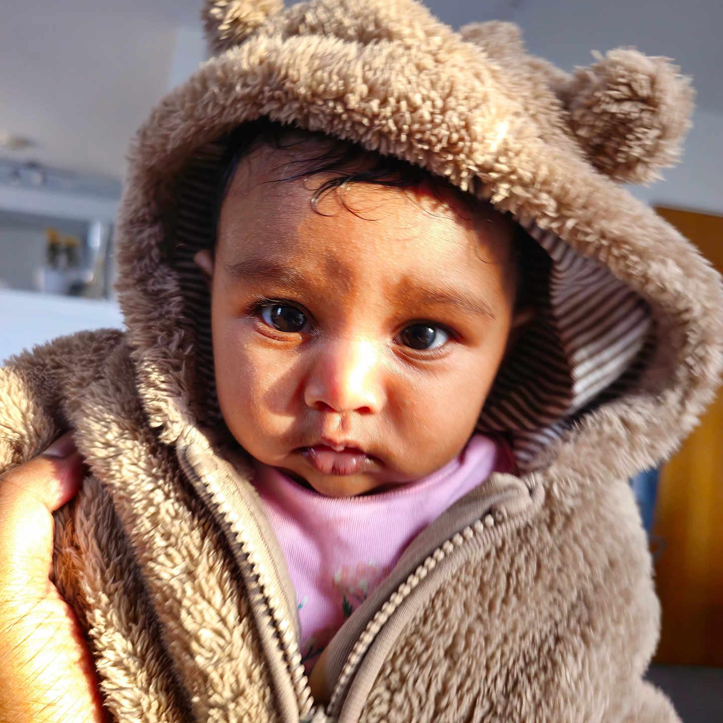 Aaria Sah Punj is registered to the contest to win money with this photo: baby, child, closeup, cute, ears, expression, face, fur, hand, hood, indoor, innocence, jacket, light, looking, person, portrait, soft_texture, warm_clothing, young_child