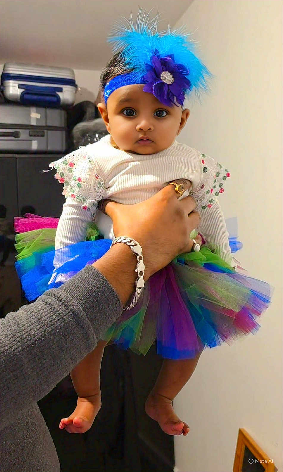 Aaira joined the competition — help win amazing prizes! accessory, adult, baby, child, clothing, colorful, curious, cute, fashion, feathers, hand, headband, holding, indoor, person, portrait, suitcase, tutu, wall, wide_eyes
