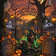 Nala a rejoint le concours — aidez-le/la à gagner de superbes lots ! dog, halloween, cemetery, ghosts, pumpkins, jack_o_lanterns, witch_hat, spooky, moonlight, night, graveyard, tombstones, cobwebs, spider, bats, haunted, fantasy, illustration, gothic, orange_lighting