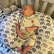 Charles joined the competition — help win amazing prizes! baby, infant, one_month, pillow, elephant_pattern, teddy_bear, crib, cute, clothing, wooden_sign, milestone, lying_down, soft_toy, nursery, child, newborn, blanket, animal_print, comfort, portrait